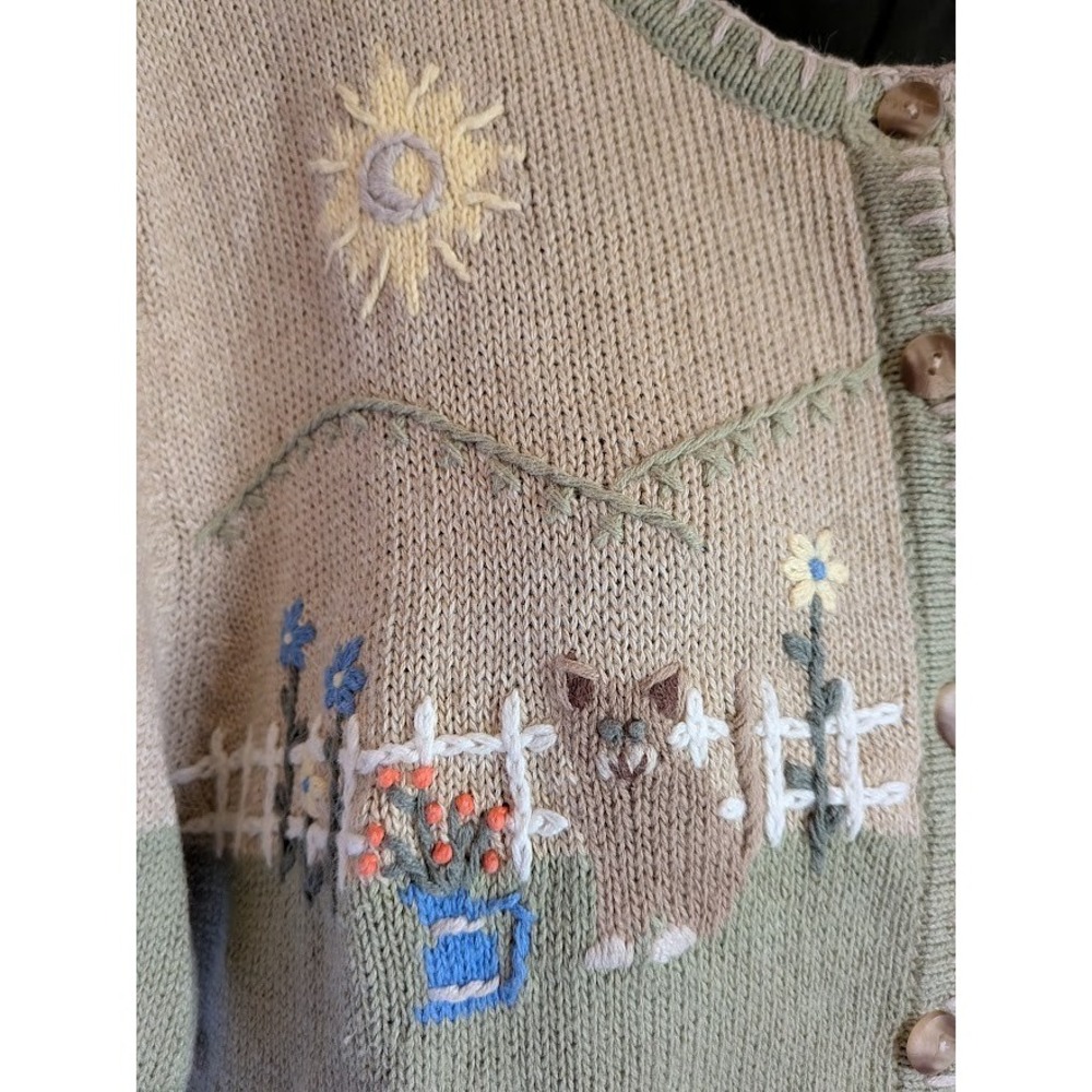 Christopher Banks Cardigan Womens L Garden Cat Hand Embroidered Y2K Vtg Spring - Picture 3 of 10